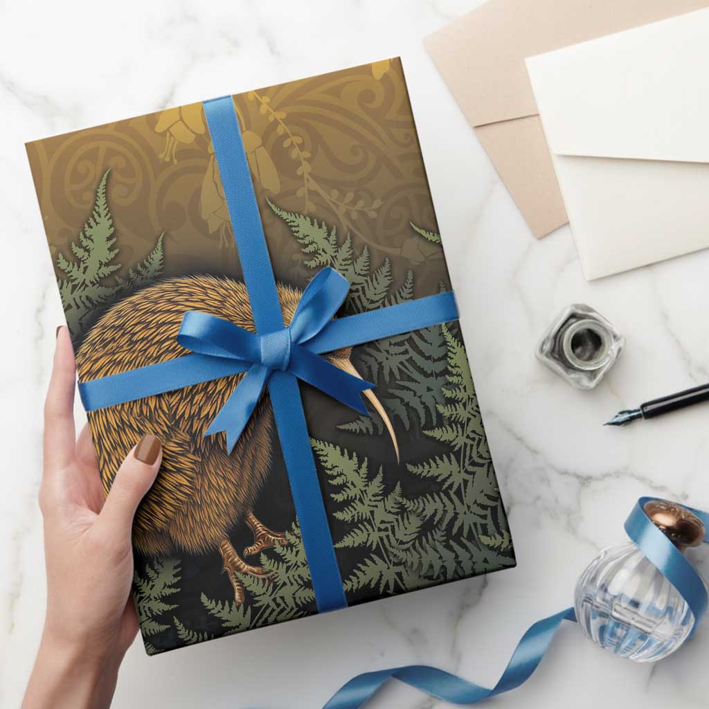 New Zealand Kiwi Bird Wrapping Paper Silver Fern Mix Maori Pattern