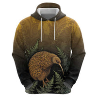 New Zealand Kiwi Bird Zip Hoodie Silver Fern Mix Maori Pattern