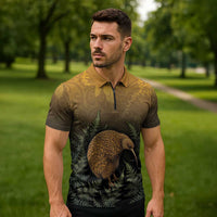 New Zealand Kiwi Bird Zipper Polo Shirt Silver Fern Mix Maori Pattern