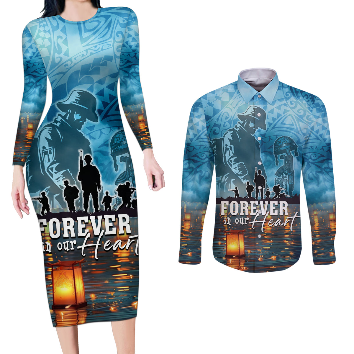 Hawaii Memorial Day Lantern Floating Couples Matching Long Sleeve Bodycon Dress and Long Sleeve Button Shirt Always In Our Hearts