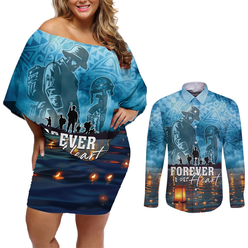 Hawaii Memorial Day Lantern Floating Couples Matching Off Shoulder Short Dress and Long Sleeve Button Shirt Always In Our Hearts