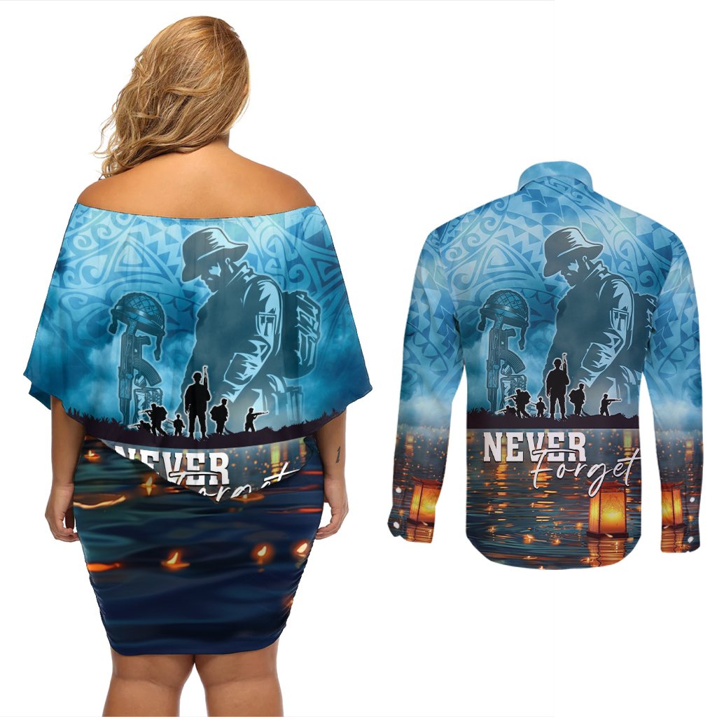 Hawaii Memorial Day Lantern Floating Couples Matching Off Shoulder Short Dress and Long Sleeve Button Shirt Always In Our Hearts
