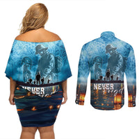 Hawaii Memorial Day Lantern Floating Couples Matching Off Shoulder Short Dress and Long Sleeve Button Shirt Always In Our Hearts