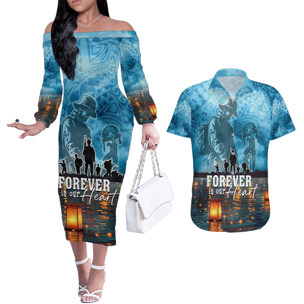 Hawaii Memorial Day Lantern Floating Couples Matching Off The Shoulder Long Sleeve Dress and Hawaiian Shirt Always In Our Hearts