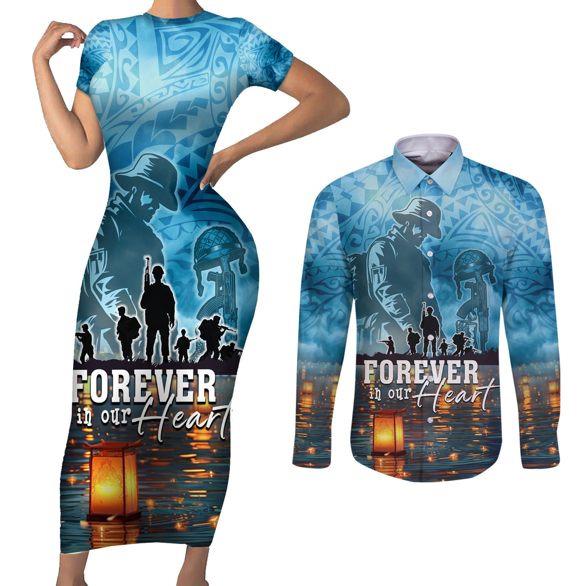 Hawaii Memorial Day Lantern Floating Couples Matching Short Sleeve Bodycon Dress and Long Sleeve Button Shirt Always In Our Hearts