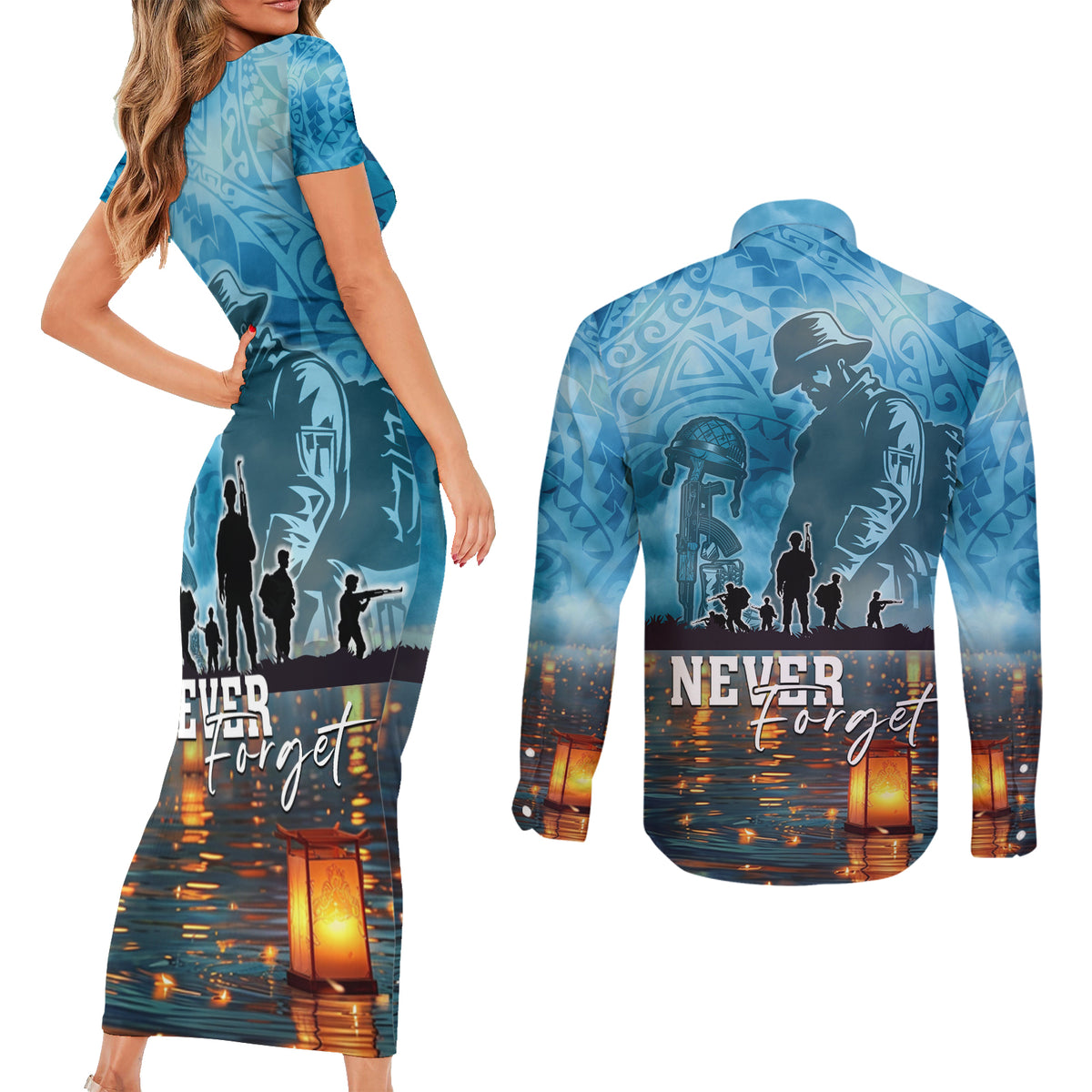 Hawaii Memorial Day Lantern Floating Couples Matching Short Sleeve Bodycon Dress and Long Sleeve Button Shirt Always In Our Hearts
