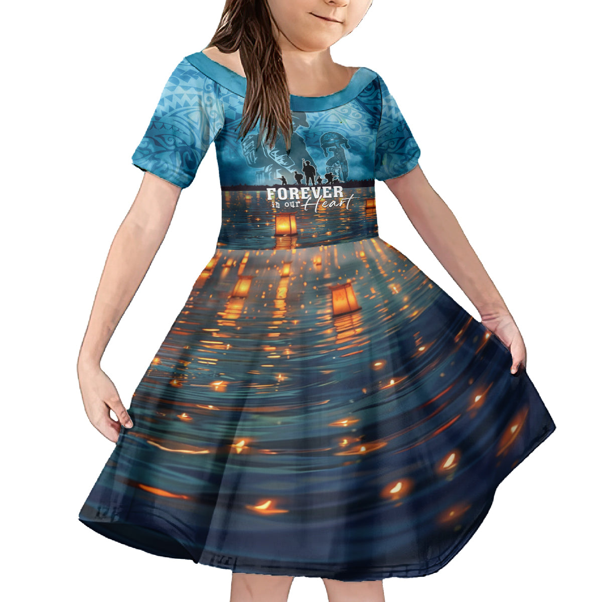 Hawaii Memorial Day Lantern Floating Family Matching Off The Shoulder Long Sleeve Dress and Hawaiian Shirt Always In Our Hearts LT05 Daughter's Dress Blue - Polynesian Pride