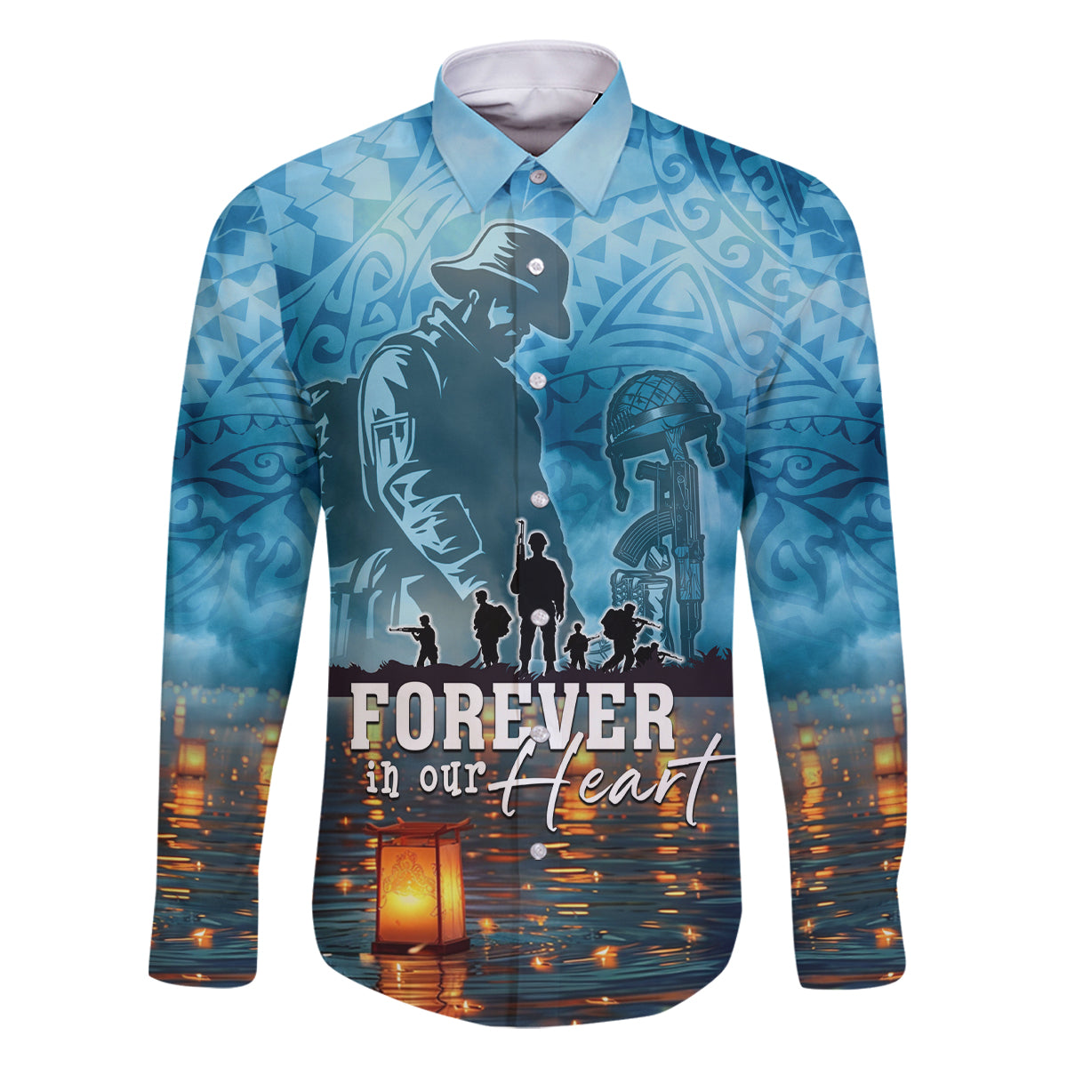 Hawaii Memorial Day Lantern Floating Family Matching Off The Shoulder Long Sleeve Dress and Hawaiian Shirt Always In Our Hearts LT05 Dad's Shirt - Long Sleeve Blue - Polynesian Pride