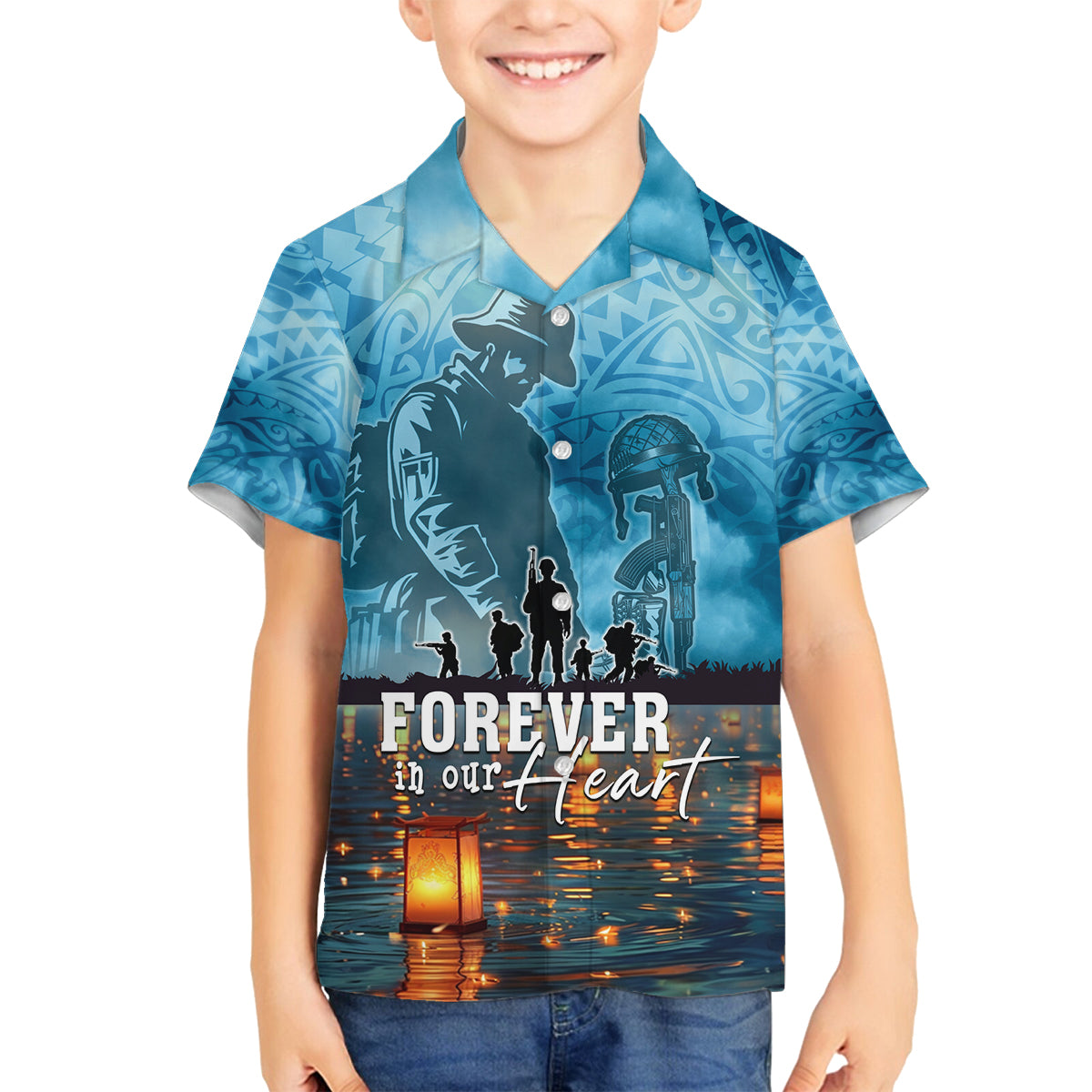 Hawaii Memorial Day Lantern Floating Family Matching Off Shoulder Short Dress and Hawaiian Shirt Always In Our Hearts LT05 Son's Shirt Blue - Polynesian Pride