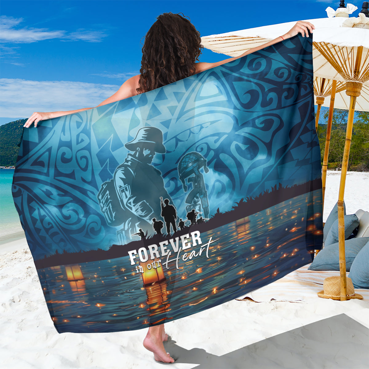 Hawaii Memorial Day Lantern Floating Sarong Always In Our Hearts LT05 One Size 44 x 66 inches Blue - Polynesian Pride