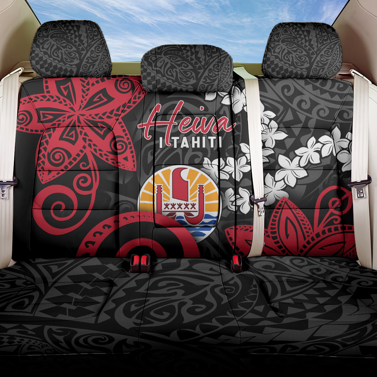 Tahiti Heiva Festival Back Car Seat Cover Floral Pattern With Coat Of Arms LT05