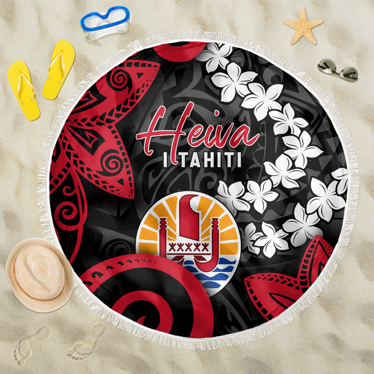 Tahiti Heiva Festival Beach Blanket Floral Pattern With Coat Of Arms