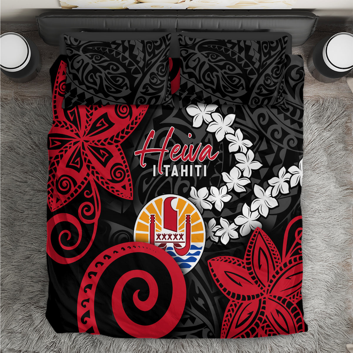 Tahiti Heiva Festival Bedding Set Floral Pattern With Coat Of Arms