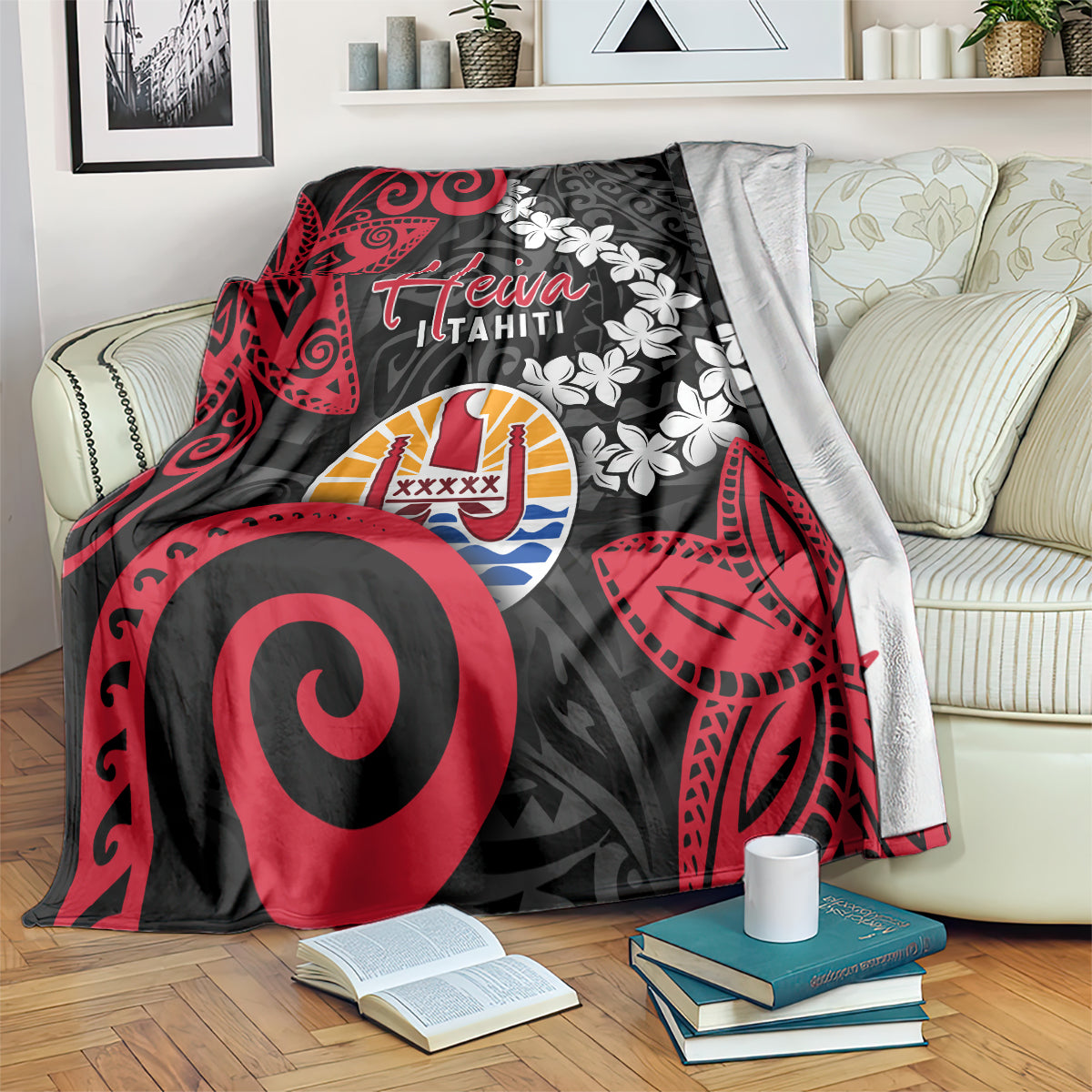 Tahiti Heiva Festival Blanket Floral Pattern With Coat Of Arms LT05 Black - Polynesian Pride