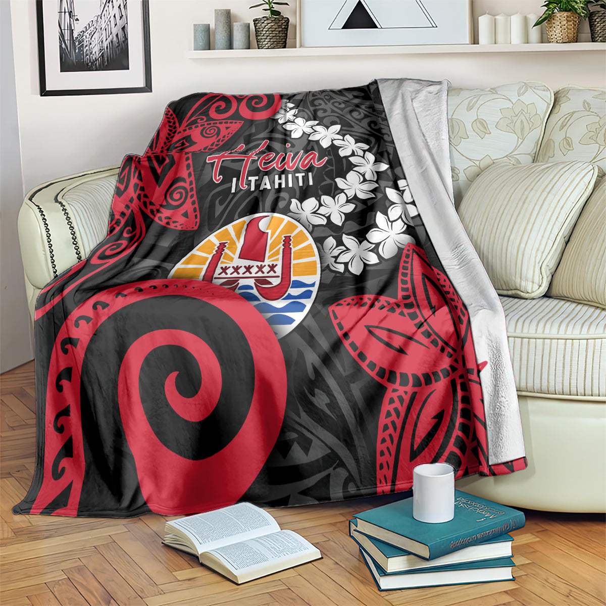 Tahiti Heiva Festival Blanket Floral Pattern With Coat Of Arms