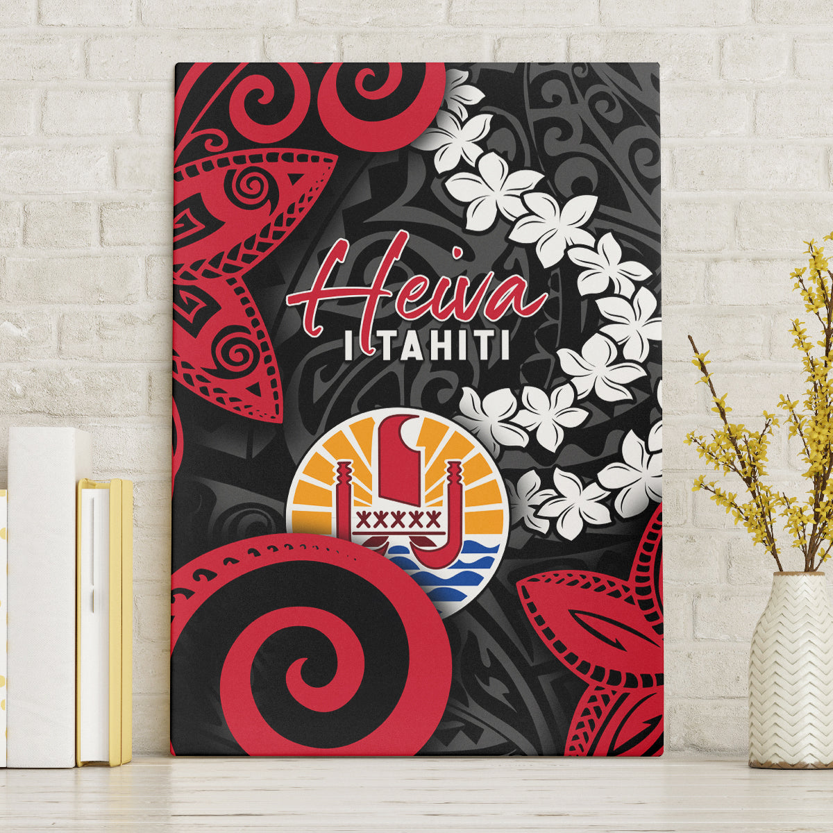 Tahiti Heiva Festival Canvas Wall Art Floral Pattern With Coat Of Arms