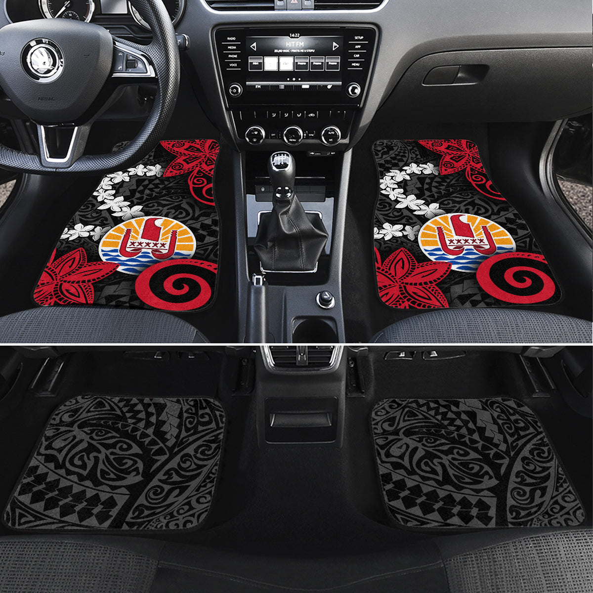 Tahiti Heiva Festival Car Mats Floral Pattern With Coat Of Arms LT05 Set 4pcs Black - Polynesian Pride