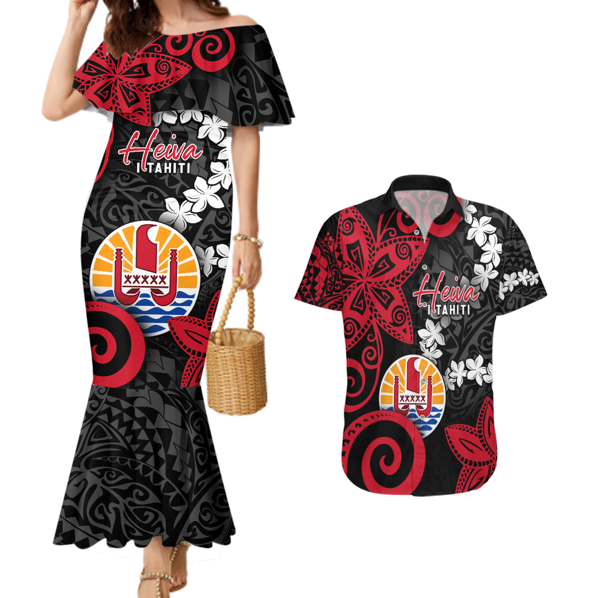 Tahiti Heiva Festival Couples Matching Mermaid Dress and Hawaiian Shirt Floral Pattern With Coat Of Arms
