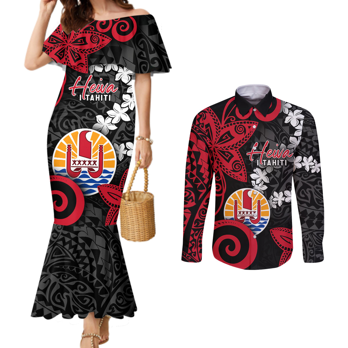 Tahiti Heiva Festival Couples Matching Mermaid Dress and Long Sleeve Button Shirt Floral Pattern With Coat Of Arms