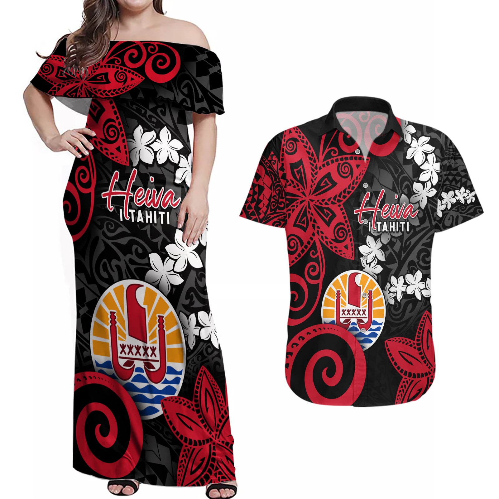 Tahiti Heiva Festival Couples Matching Off Shoulder Maxi Dress and Hawaiian Shirt Floral Pattern With Coat Of Arms
