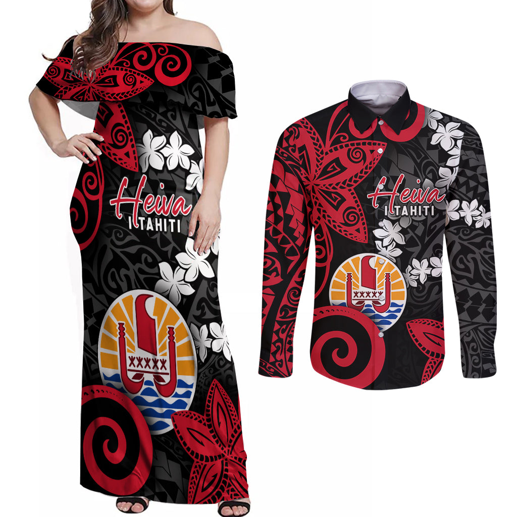 Tahiti Heiva Festival Couples Matching Off Shoulder Maxi Dress and Long Sleeve Button Shirt Floral Pattern With Coat Of Arms