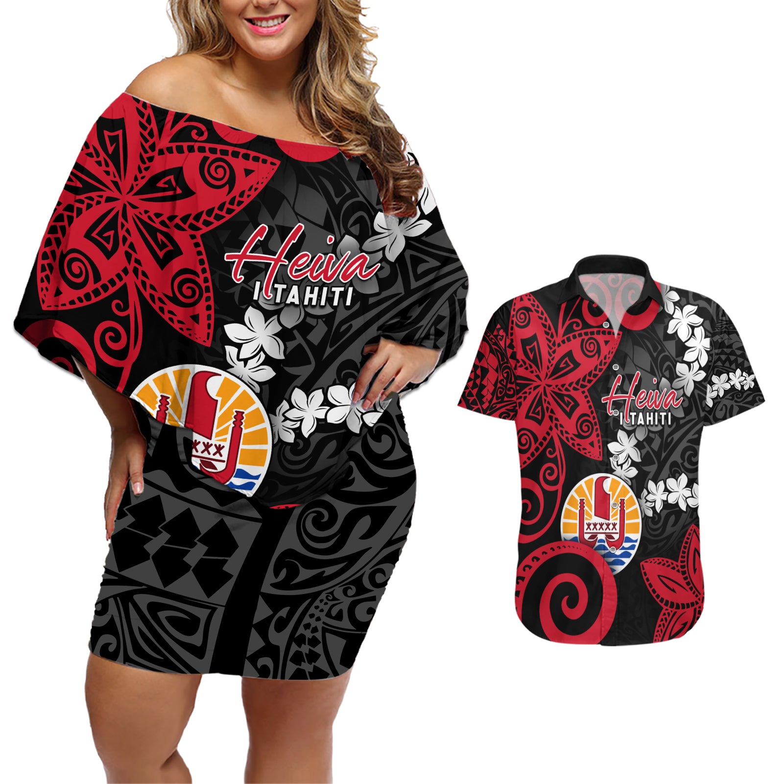 Tahiti Heiva Festival Couples Matching Off Shoulder Short Dress and Hawaiian Shirt Floral Pattern With Coat Of Arms