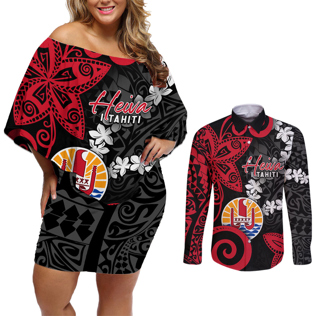 Tahiti Heiva Festival Couples Matching Off Shoulder Short Dress and Long Sleeve Button Shirt Floral Pattern With Coat Of Arms