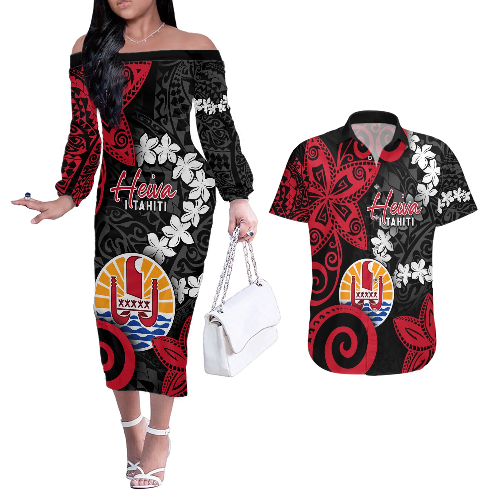 Tahiti Heiva Festival Couples Matching Off The Shoulder Long Sleeve Dress and Hawaiian Shirt Floral Pattern With Coat Of Arms LT05 Black - Polynesian Pride