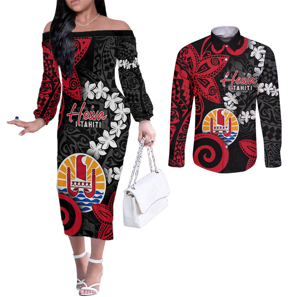 Tahiti Heiva Festival Couples Matching Off The Shoulder Long Sleeve Dress and Long Sleeve Button Shirt Floral Pattern With Coat Of Arms