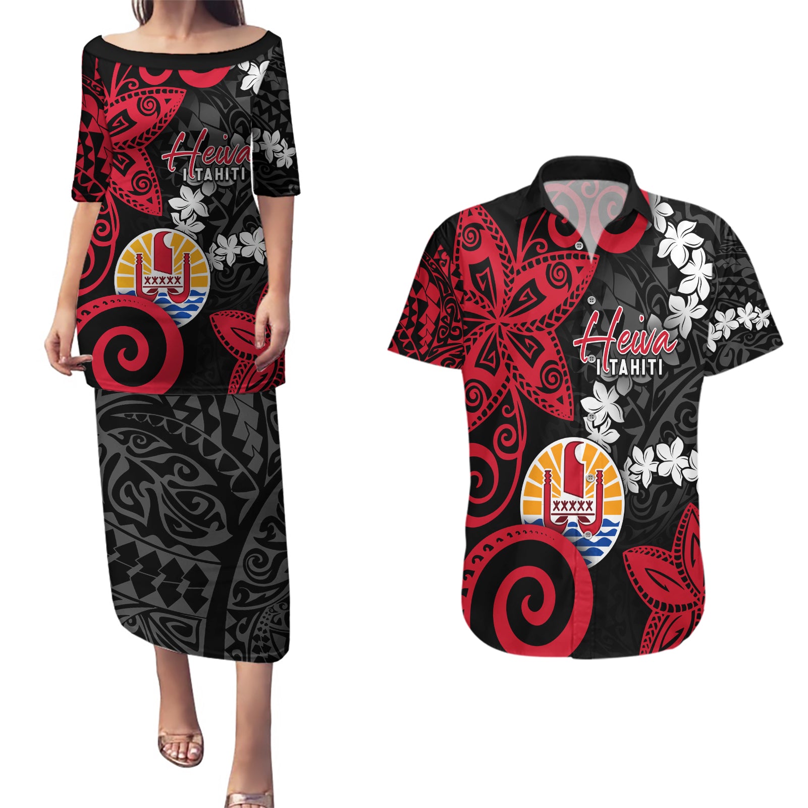 Tahiti Heiva Festival Couples Matching Puletasi and Hawaiian Shirt Floral Pattern With Coat Of Arms