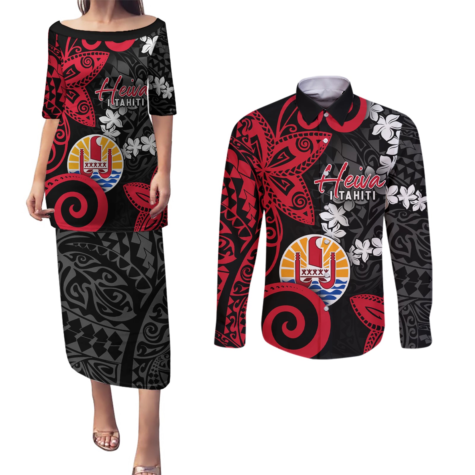 Tahiti Heiva Festival Couples Matching Puletasi and Long Sleeve Button Shirt Floral Pattern With Coat Of Arms