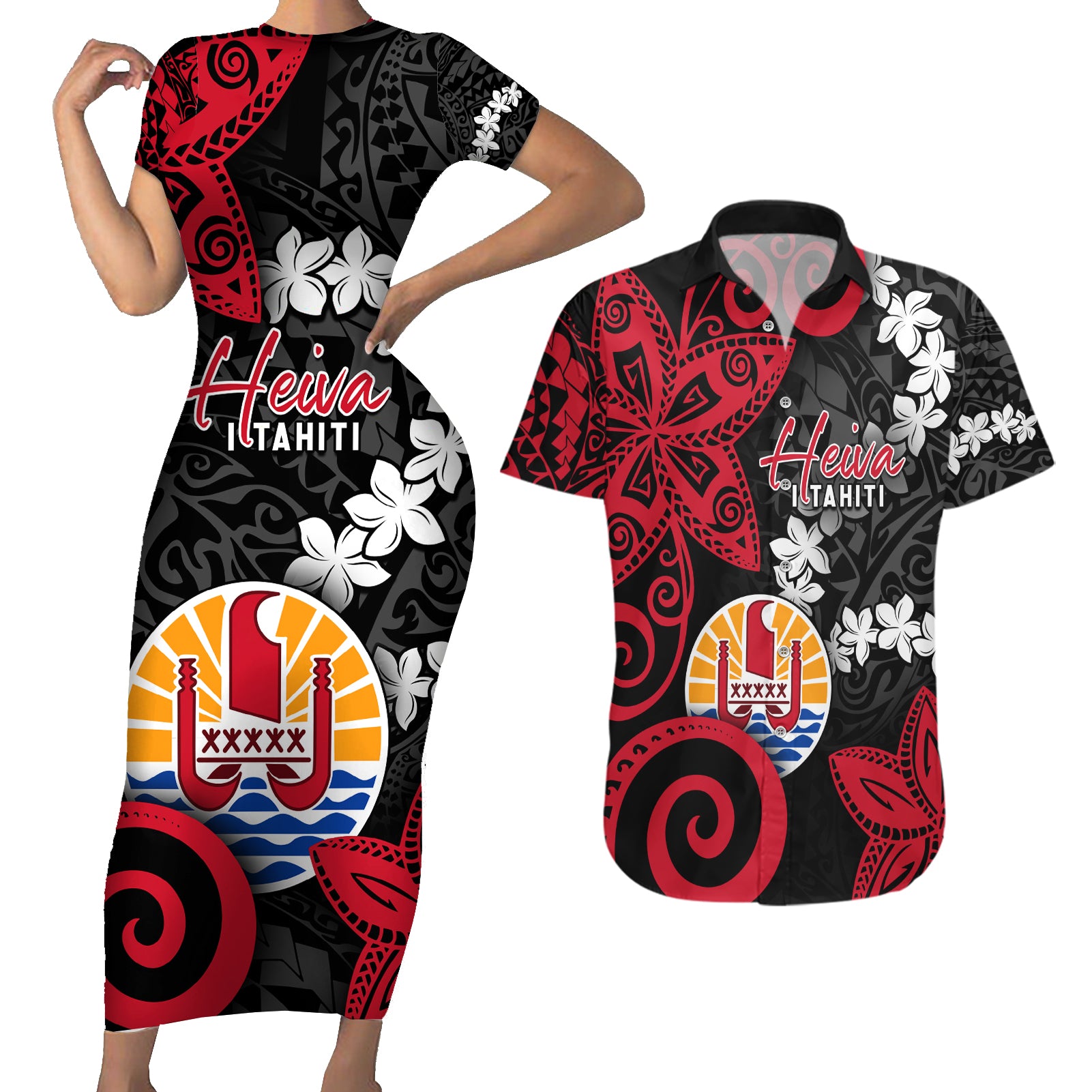 Tahiti Heiva Festival Couples Matching Short Sleeve Bodycon Dress and Hawaiian Shirt Floral Pattern With Coat Of Arms