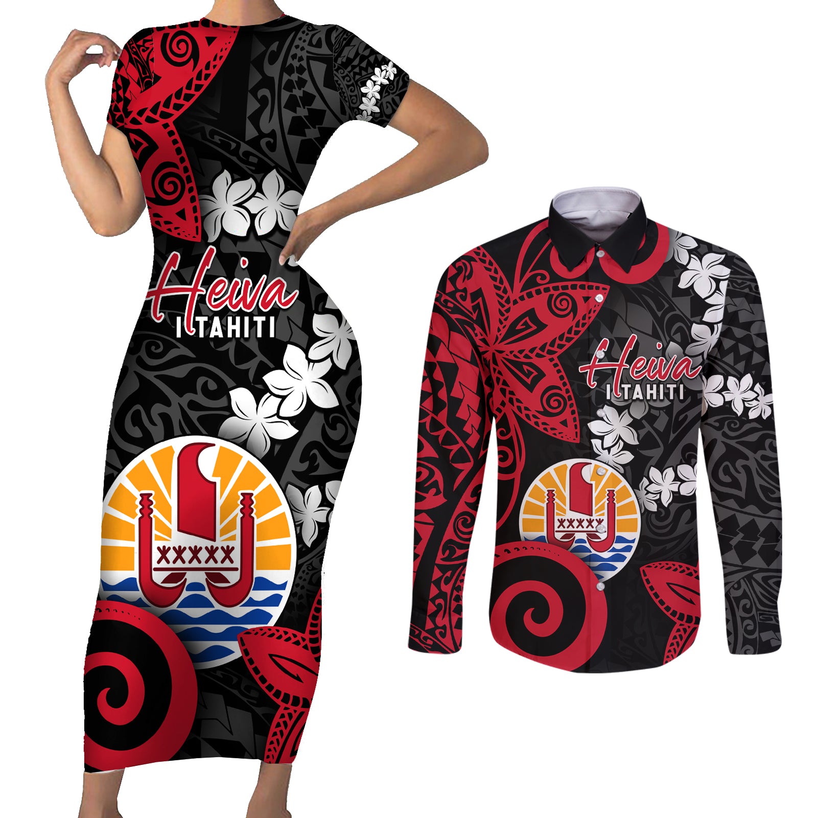 Tahiti Heiva Festival Couples Matching Short Sleeve Bodycon Dress and Long Sleeve Button Shirt Floral Pattern With Coat Of Arms