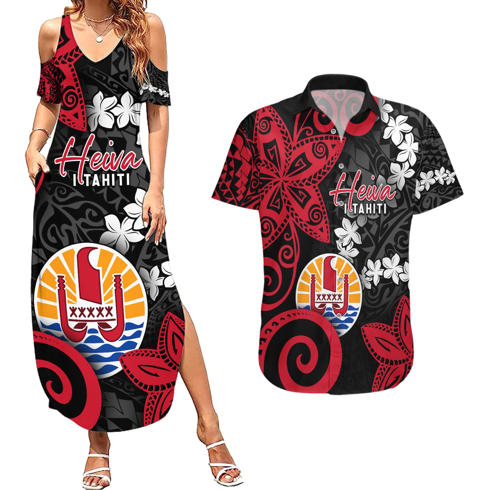 Tahiti Heiva Festival Couples Matching Summer Maxi Dress and Hawaiian Shirt Floral Pattern With Coat Of Arms