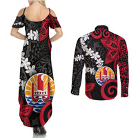 Tahiti Heiva Festival Couples Matching Summer Maxi Dress and Long Sleeve Button Shirt Floral Pattern With Coat Of Arms