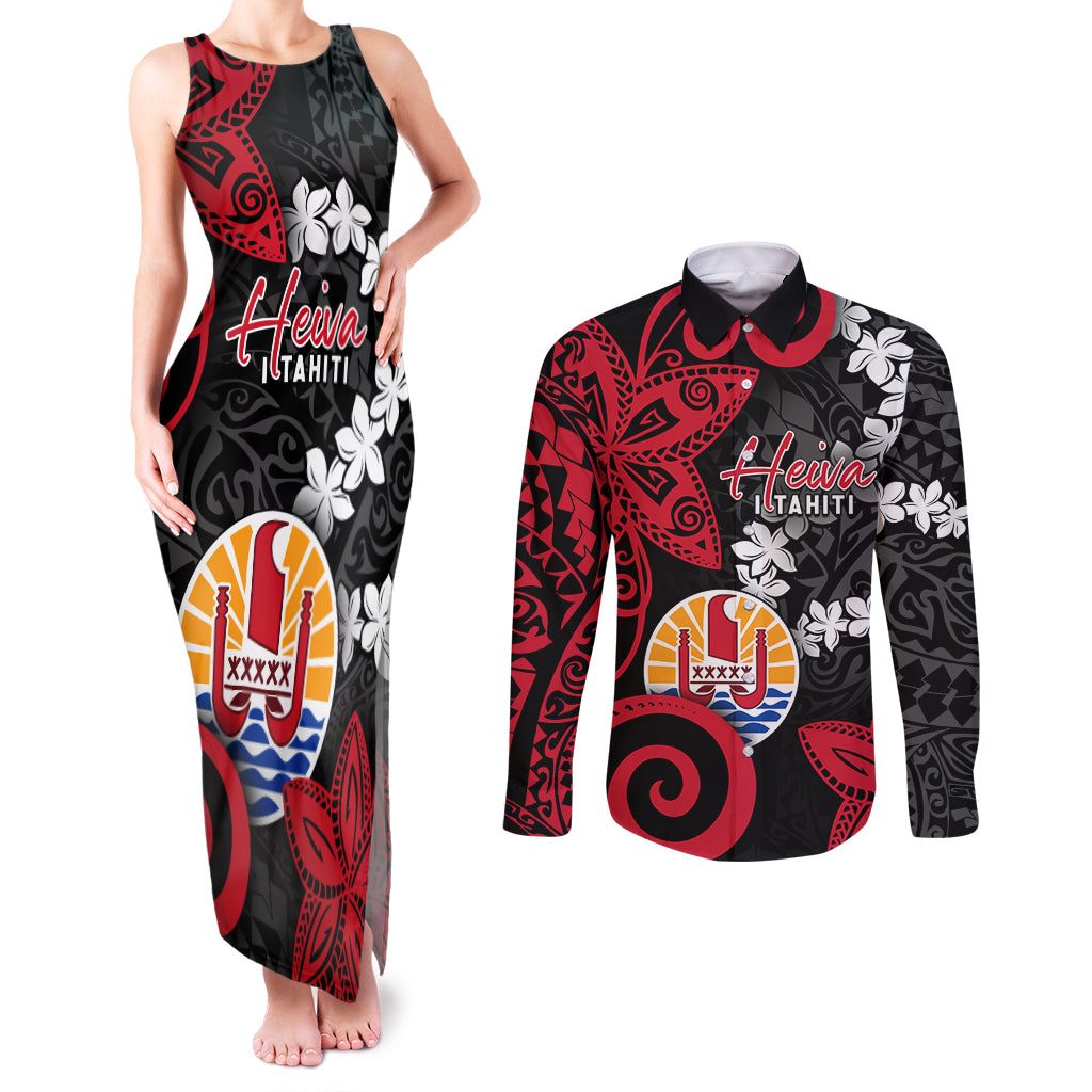 Tahiti Heiva Festival Couples Matching Tank Maxi Dress and Long Sleeve Button Shirt Floral Pattern With Coat Of Arms