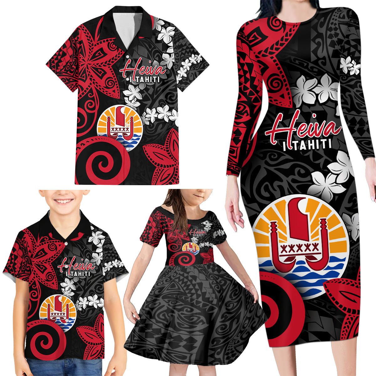Tahiti Heiva Festival Family Matching Long Sleeve Bodycon Dress and Hawaiian Shirt Floral Pattern With Coat Of Arms