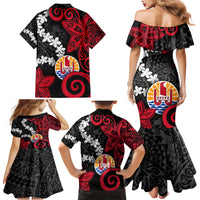 Tahiti Heiva Festival Family Matching Mermaid Dress and Hawaiian Shirt Floral Pattern With Coat Of Arms