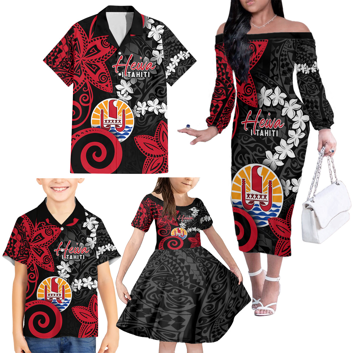 Tahiti Heiva Festival Family Matching Off The Shoulder Long Sleeve Dress and Hawaiian Shirt Floral Pattern With Coat Of Arms