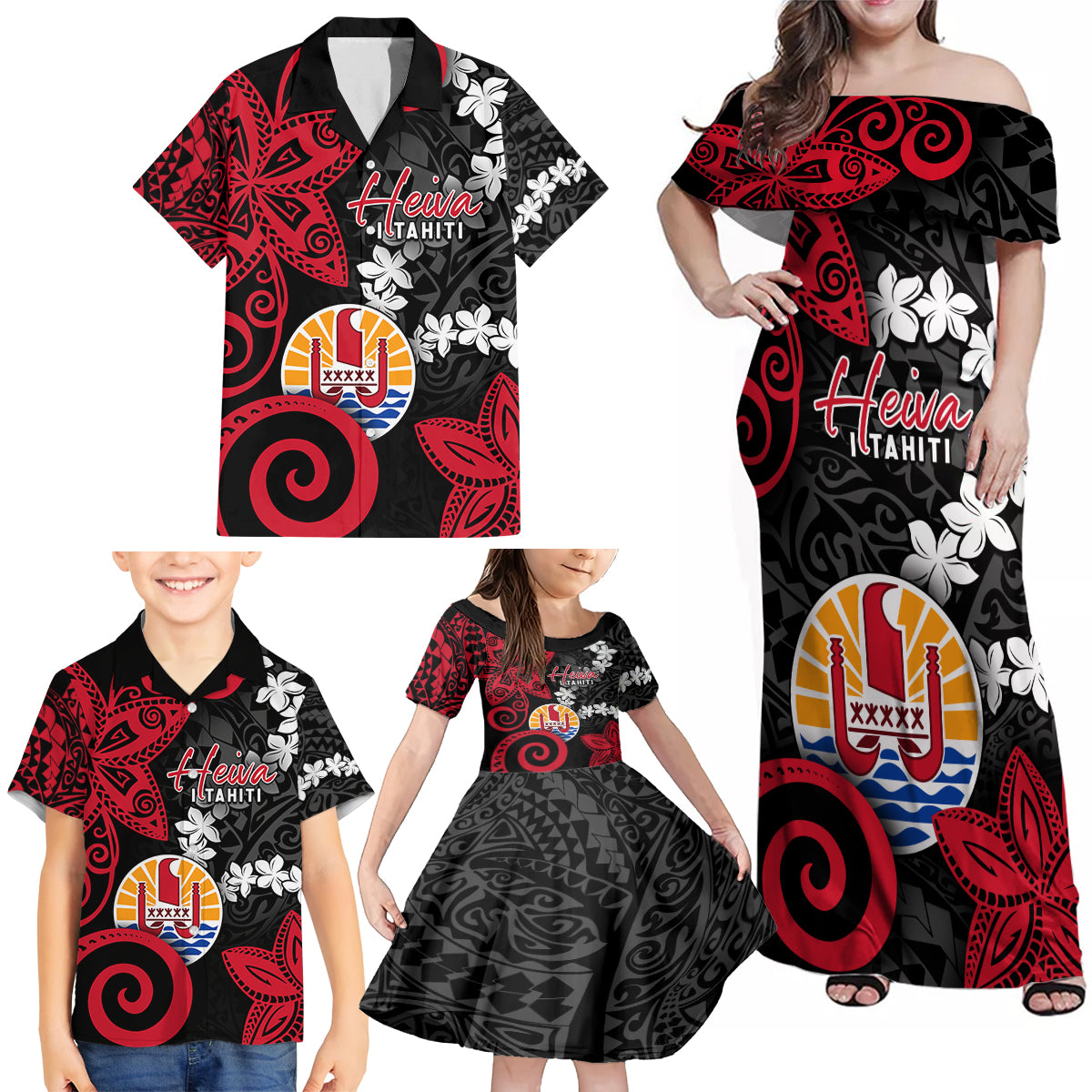 Tahiti Heiva Festival Family Matching Off Shoulder Maxi Dress and Hawaiian Shirt Floral Pattern With Coat Of Arms