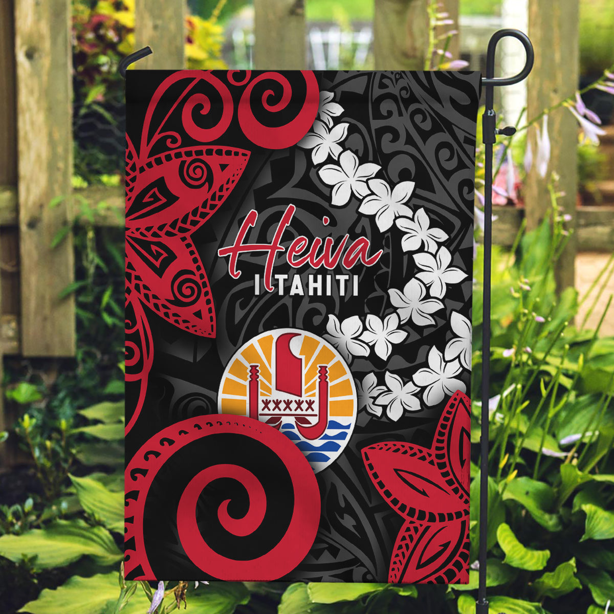 Tahiti Heiva Festival Garden Flag Floral Pattern With Coat Of Arms