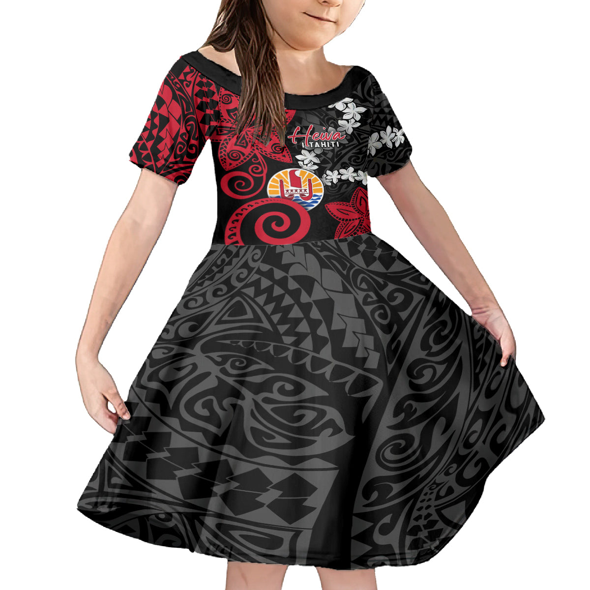 Tahiti Heiva Festival Kid Short Sleeve Dress Floral Pattern With Coat Of Arms