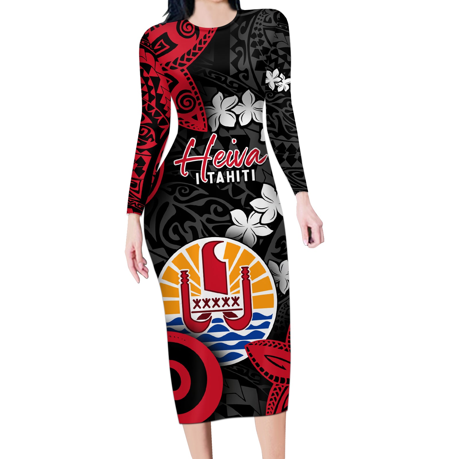 Tahiti Heiva Festival Long Sleeve Bodycon Dress Floral Pattern With Coat Of Arms