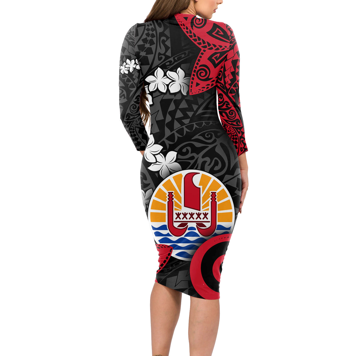 Tahiti Heiva Festival Long Sleeve Bodycon Dress Floral Pattern With Coat Of Arms