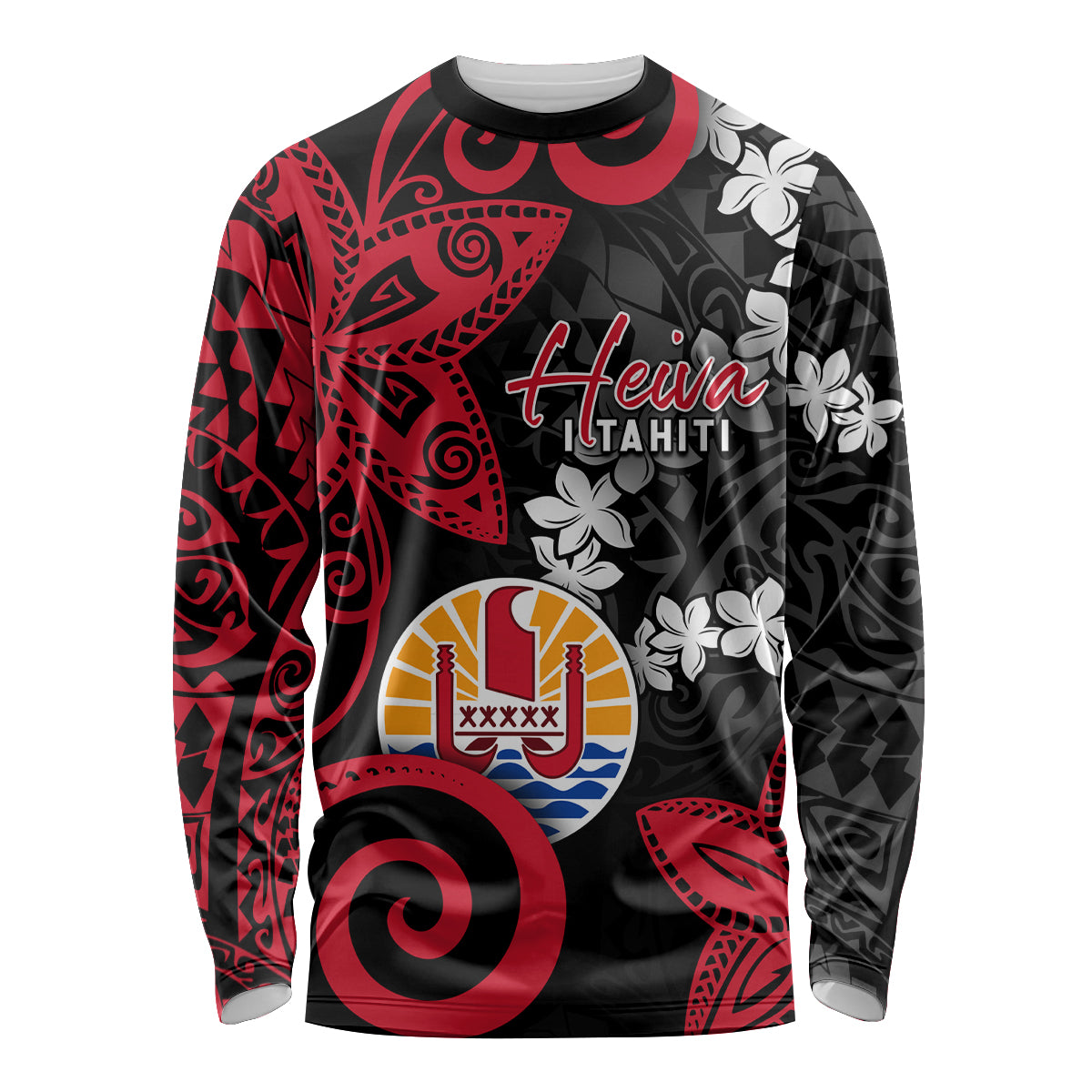 Tahiti Heiva Festival Long Sleeve Shirt Floral Pattern With Coat Of Arms