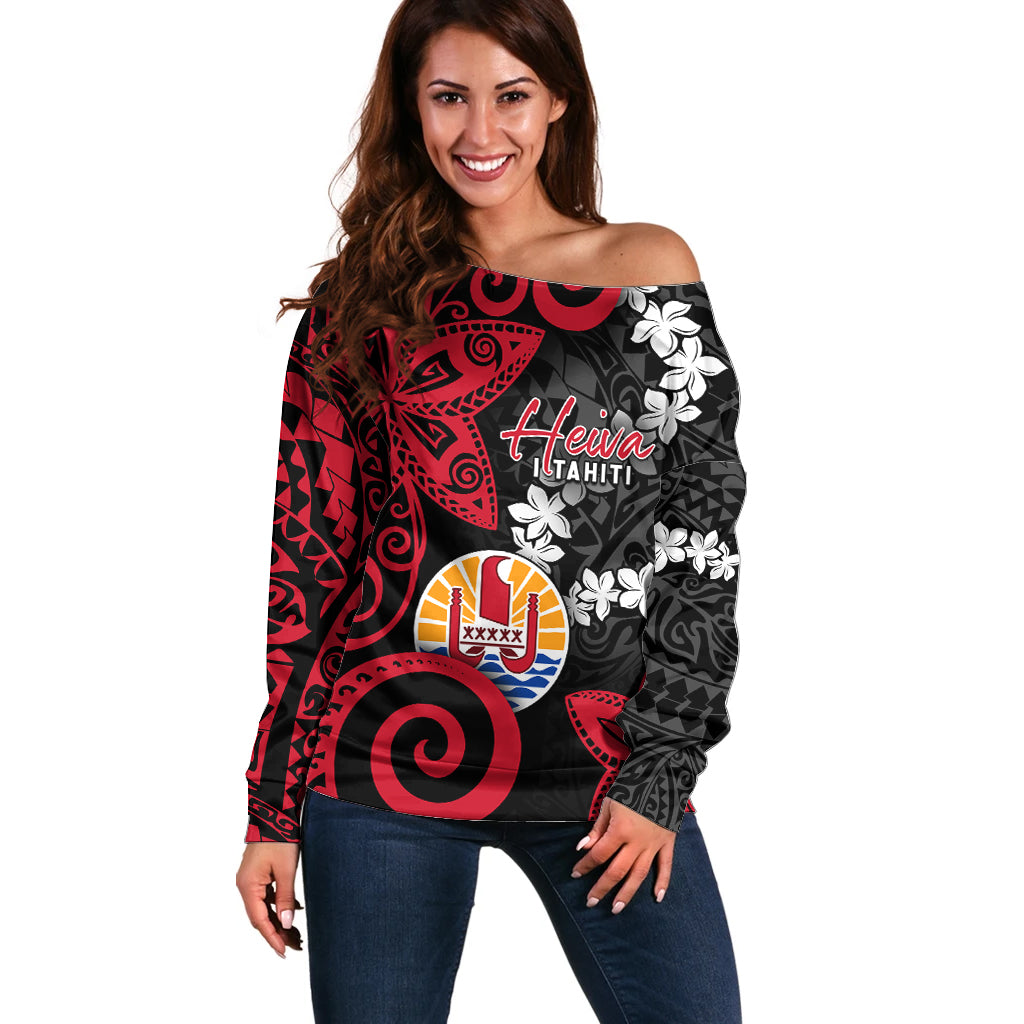 Tahiti Heiva Festival Off Shoulder Sweater Floral Pattern With Coat Of Arms LT05 Women Black - Polynesian Pride