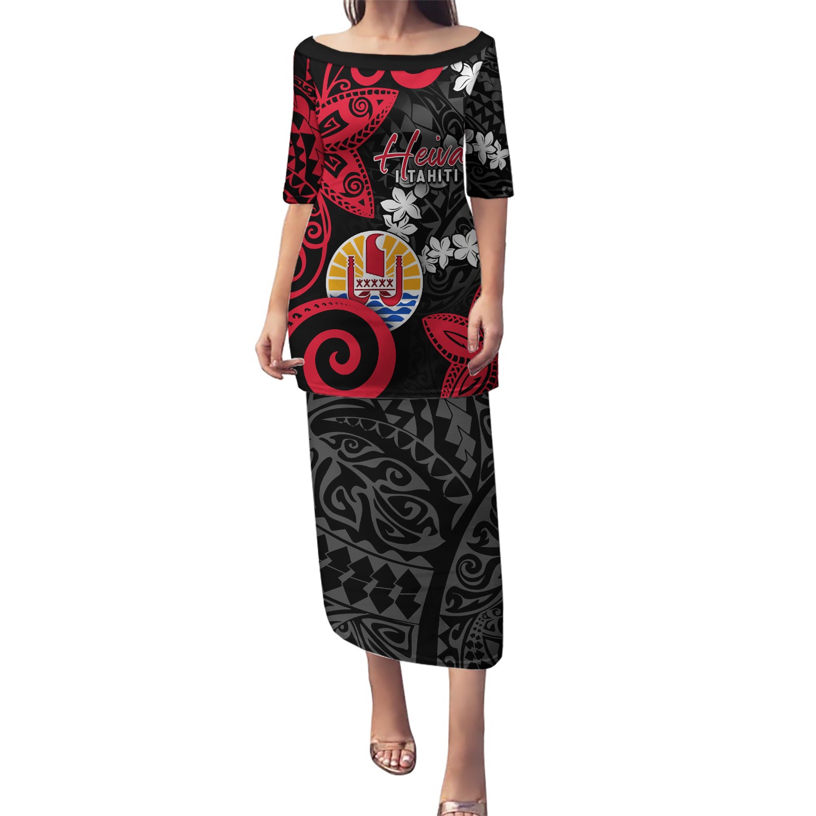 Tahiti Heiva Festival Puletasi Floral Pattern With Coat Of Arms