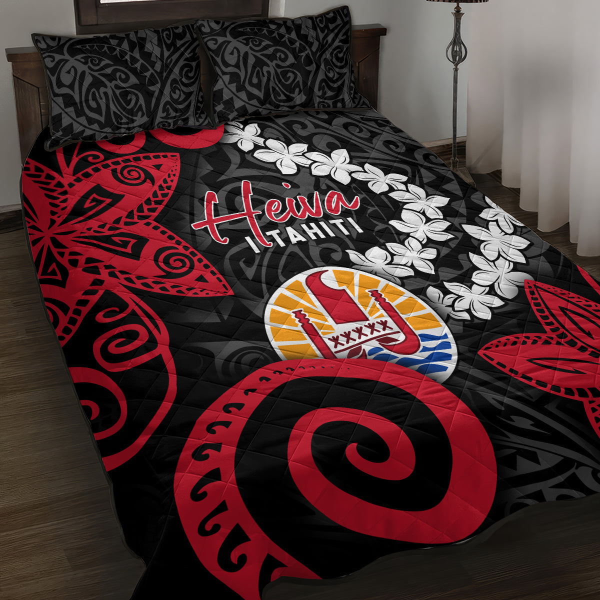 Tahiti Heiva Festival Quilt Bed Set Floral Pattern With Coat Of Arms LT05 Black - Polynesian Pride