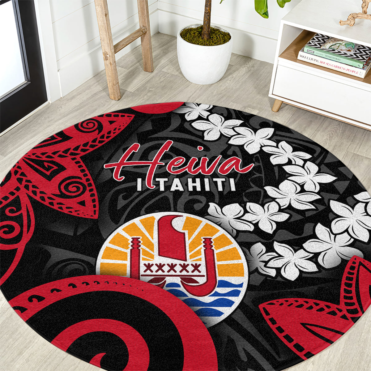 Tahiti Heiva Festival Round Carpet Floral Pattern With Coat Of Arms