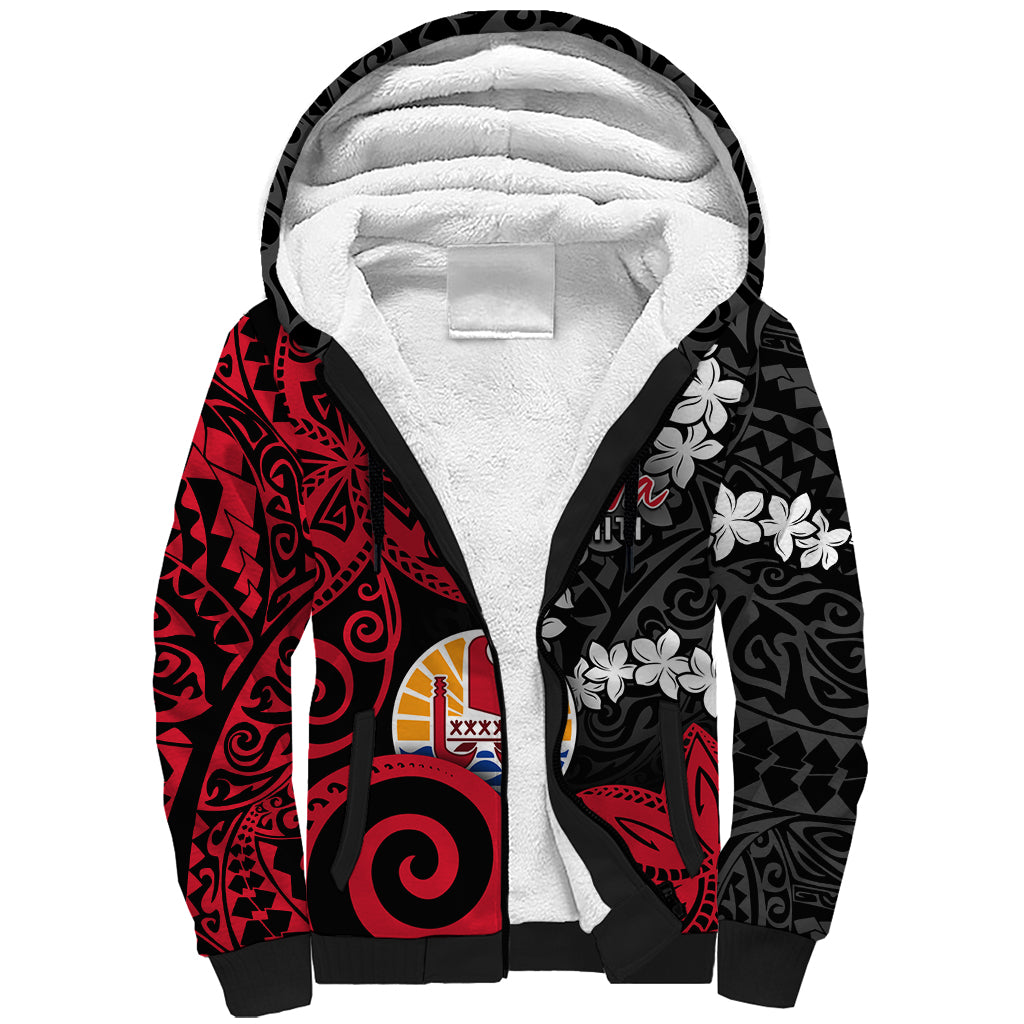 Tahiti Heiva Festival Sherpa Hoodie Floral Pattern With Coat Of Arms